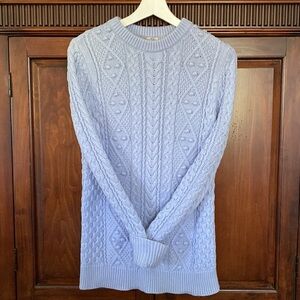 Zara Knit Cable and Bobble Irish Aran Pattern sweater 100% cotton French blue